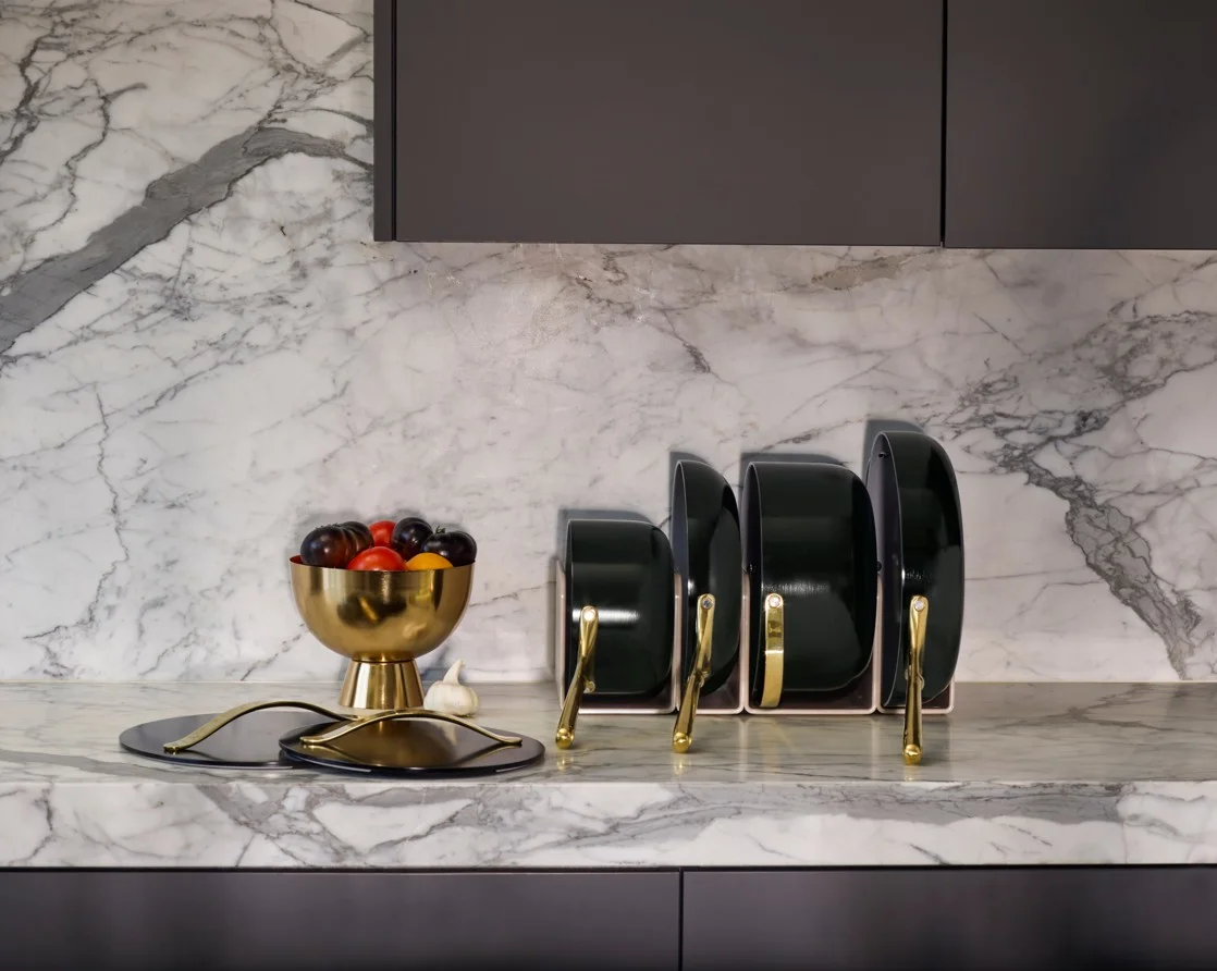 Ceramic Cookware Set - iconics - Black - In Pan Organizer on Countertop