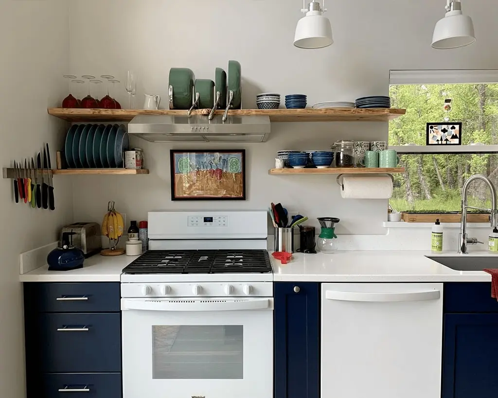 White and Navy Kitchen - Open Shelving