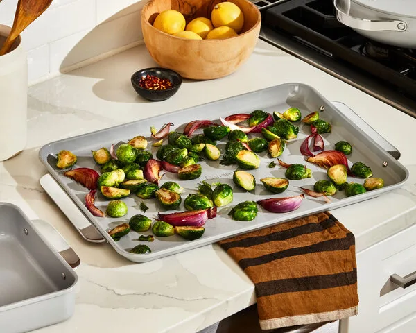 Large Baking Sheet - Gray - with Veggies on Sheet