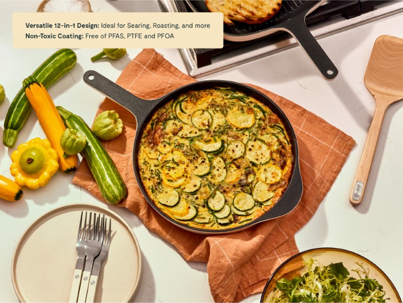 Enameled Cast Iron Skillet - Cream - Veggie Meal on Table