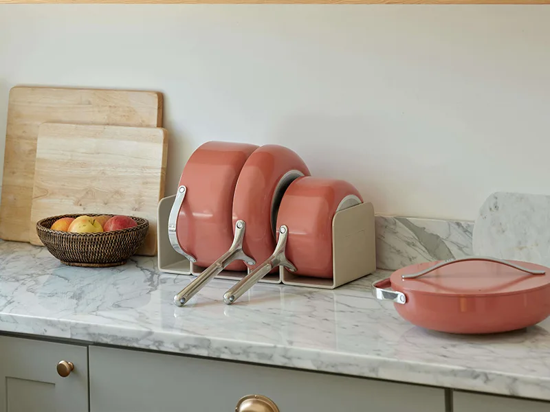 Ceramic Cookware Set - Perracotta - In organizer with cutting board on the side