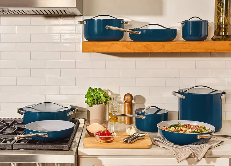 Full Ceramic Cookware Bundle - Navy - On Stovetop - Mobile