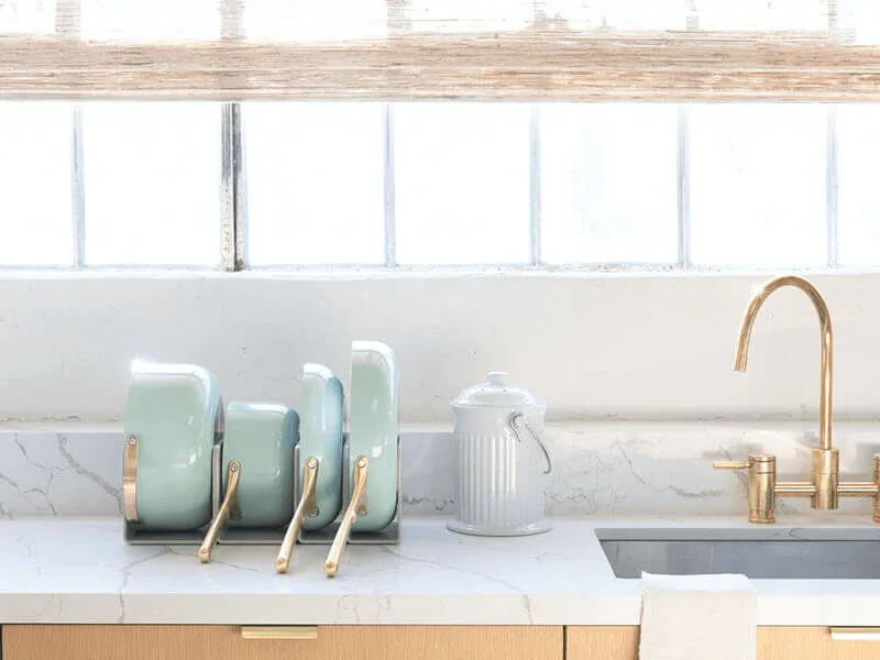 Ceramic Cookware Set - Silt Green - In Storage Organizer on Kitchen