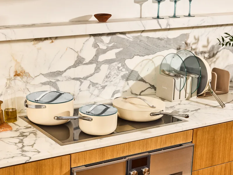 Ceramic Cookware Set - Cream - Glass Lids - Organizer - Lifestyle