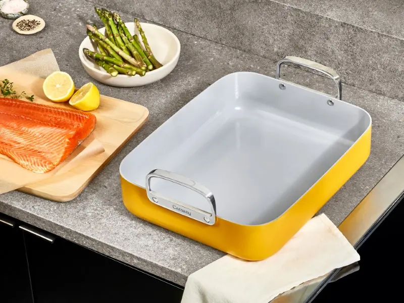Roasting Pan - Marigold - On Counter Preparing Salmon