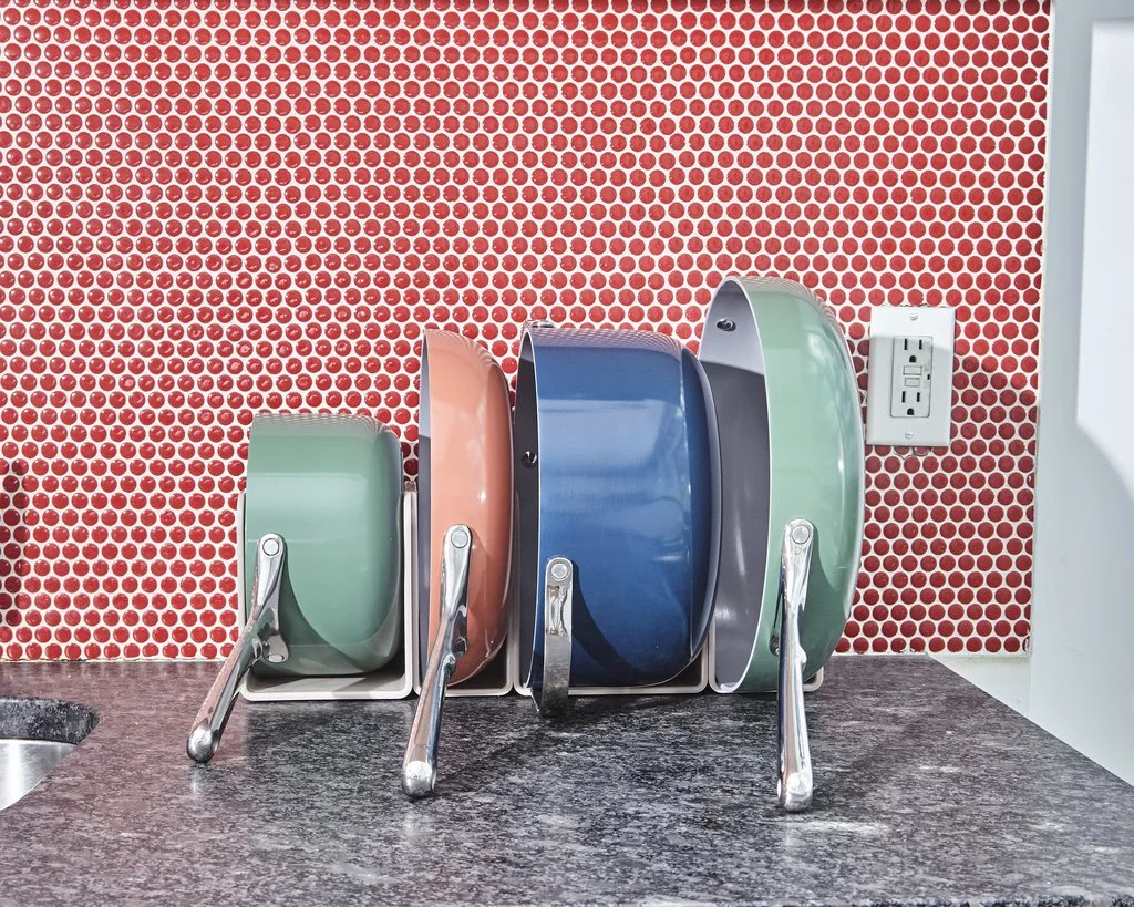 Ceramic Cookware Set - Sage - Perracotta - Navy - In Storage On Counter