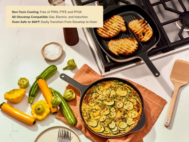 Enameled Cast Iron Skillet & Grill Pan Duo - Cream - Non-Toxic All-Stovetop Safe