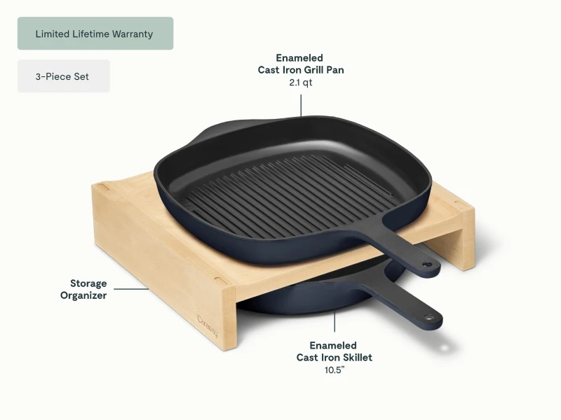 Enameled Cast Iron Skillet & Grill Pan Duo - Midnight Blue - Detail