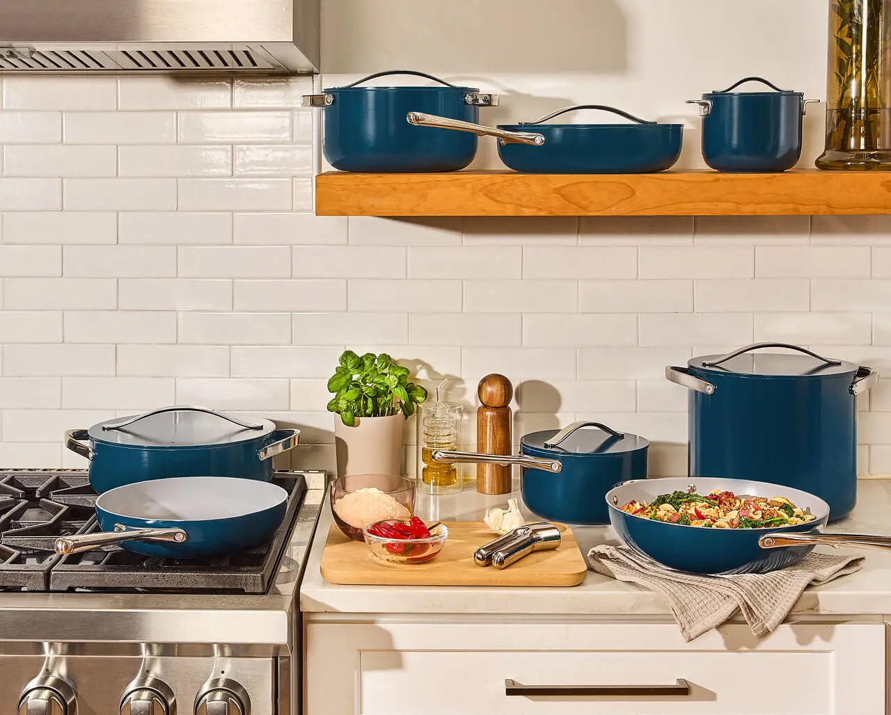 Full Ceramic Cookware Bundle - Navy - On Stovetop - Desktop