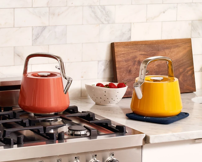 Whistling Tea Kettle - Marigold - On Pot Holder - Perracotta - On Stovetop