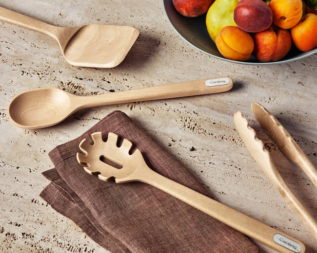 Utensil Set - with wooden server on tea towel