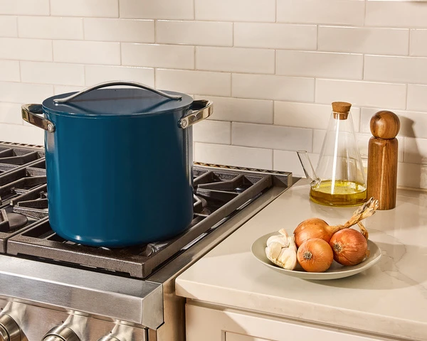 Ceramic Stock Pot - Navy - On stovetop
