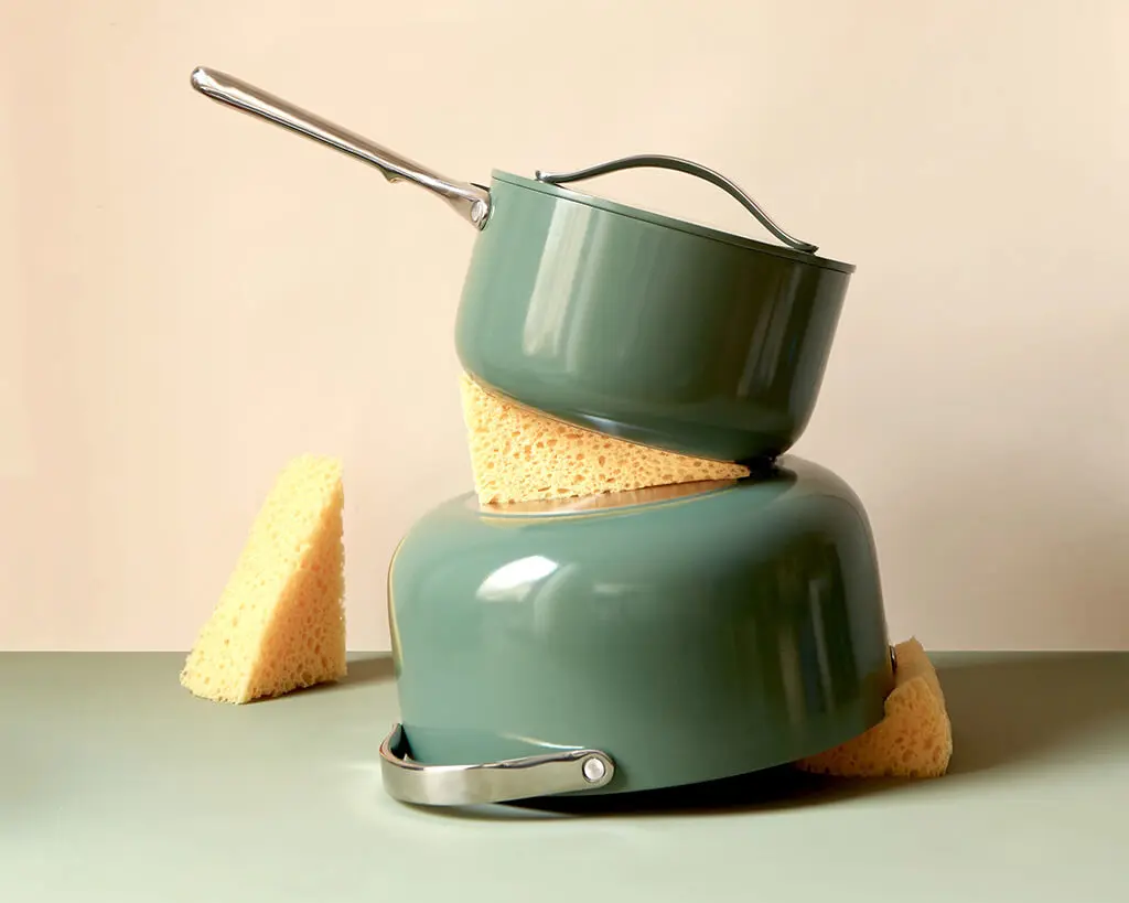 Ceramic Sauce Pan - Dutch Oven - Sage - Stack with sponge