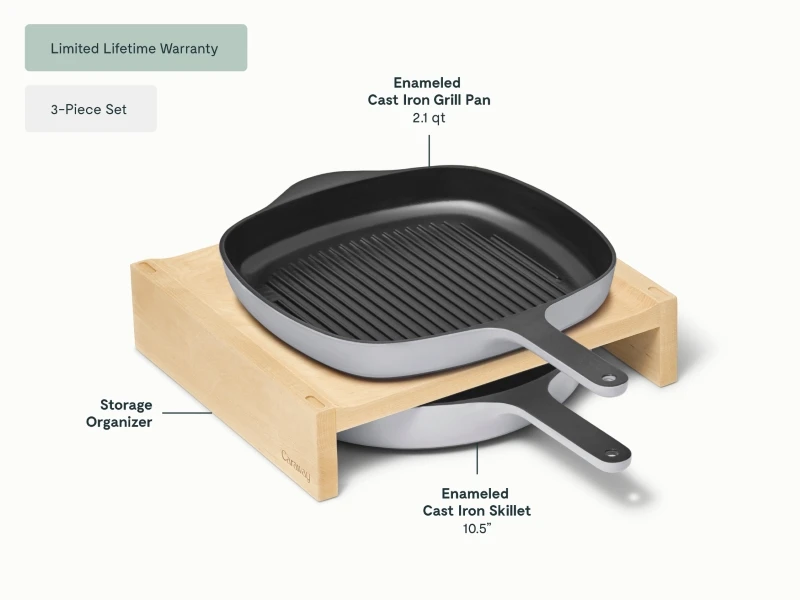 Enameled Cast Iron Skillet & Grill Pan Duo - Gray - Detail