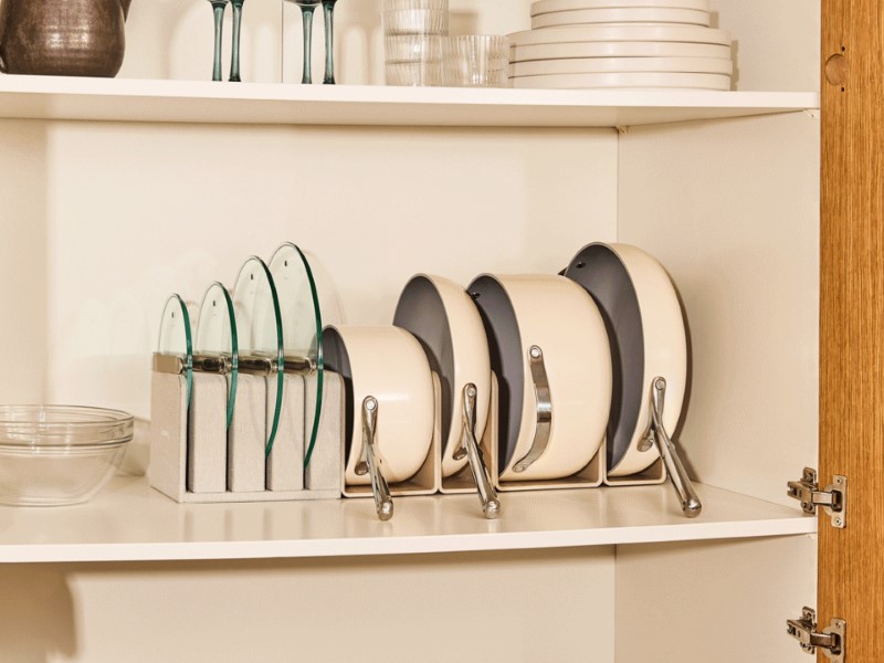 Lid Organizer - Gray - In Cupboard with Cream Cookware