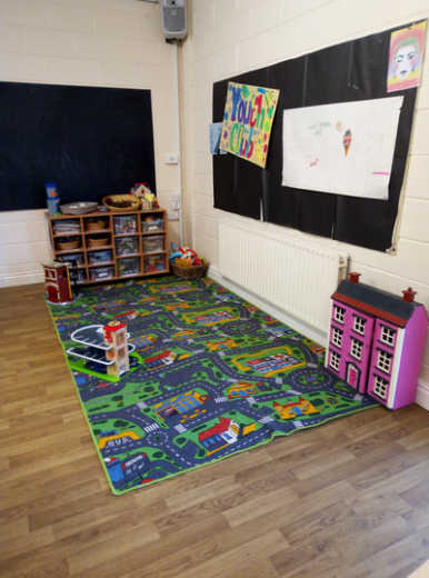 A colourful playmat and doll's house
