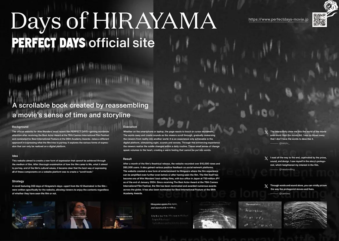 DAYS OF HIRAYAMA PERFECT DAYS OFFICIAL SITE | PERFECT DAYS | DENTSU INC., TOKYO | BRONZE, DIGITAL CRAFT LIONS | 2024