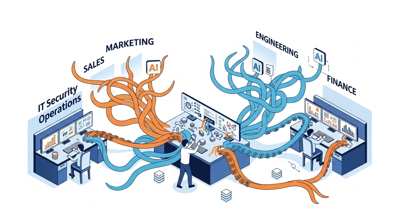 Isometric illustration of an IT security operations center being overwhelmed by colorful AI tentacles/connections spreading from different departments (labeled: Marketing, Sales, Engineering, Finance), central figure trying to contain the sprawl, clean modern tech illustration style, blues and oranges color palette, detailed but clean