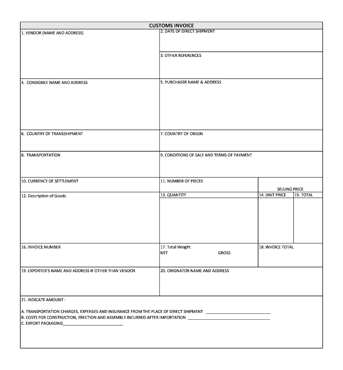 commercial invoice for customs purposes only template