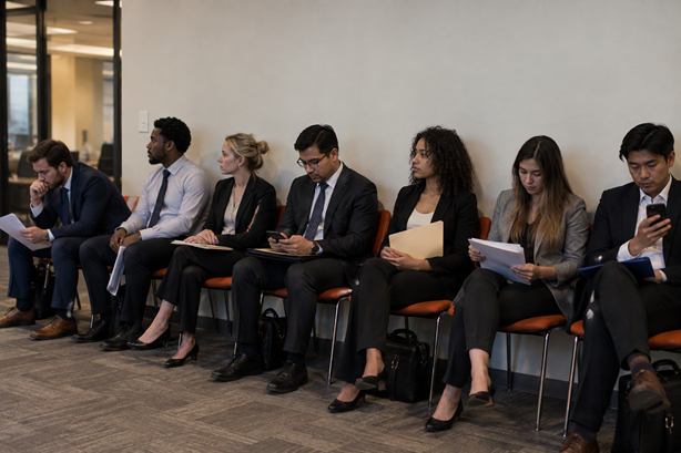 People waiting quietly in a job application waiting room, reflecting the weaker than expected September jobs report
