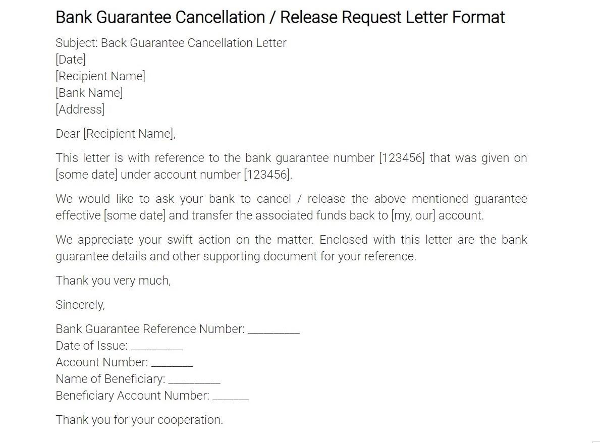 Format of bank guarantee cancellation letter