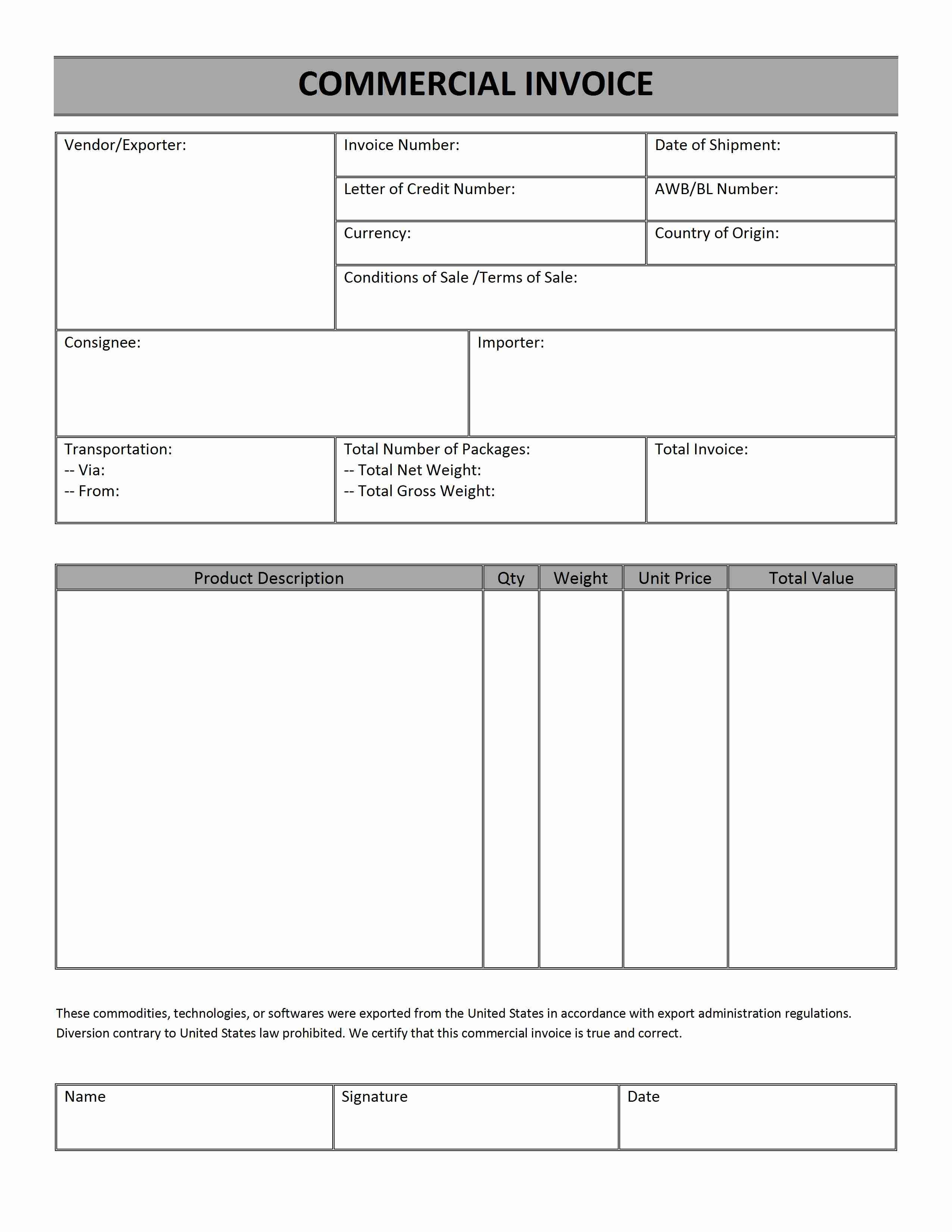 ocean shipment commercial invoice template excel