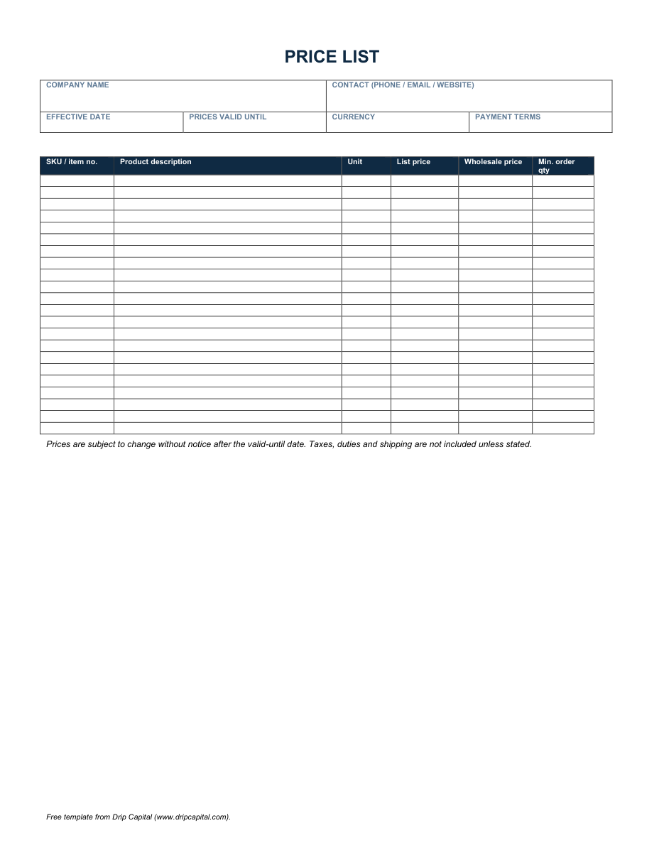 Price list template preview