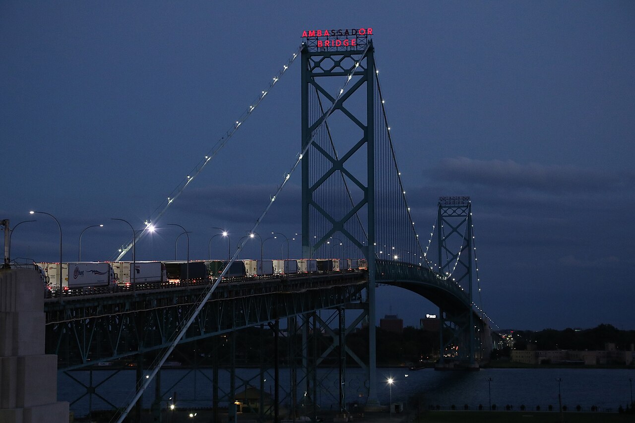 U.S. import ban on Canadian goods: The Ambassador Bridge illuminated at dusk