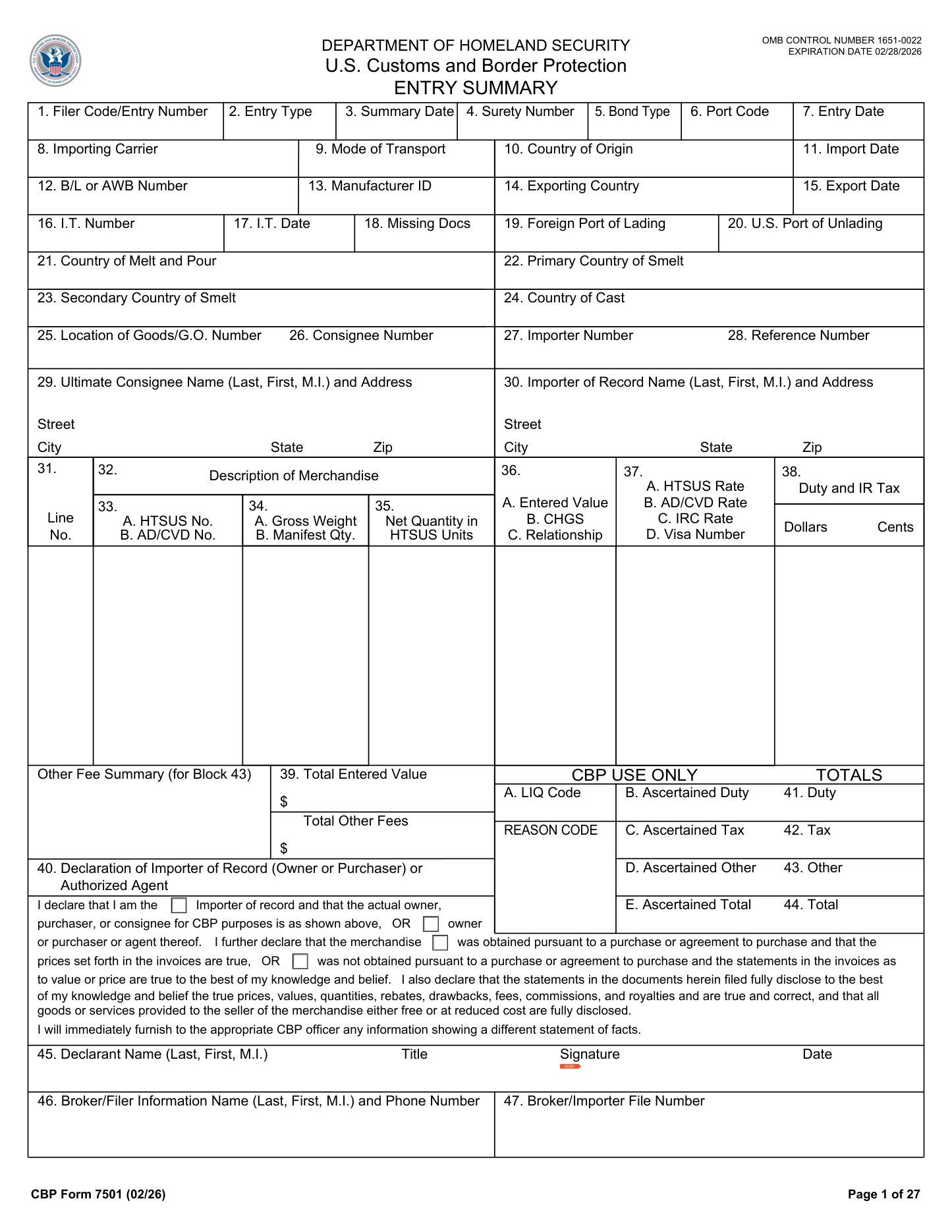 Official CBP Form 7501 Entry Summary (02/26 edition)