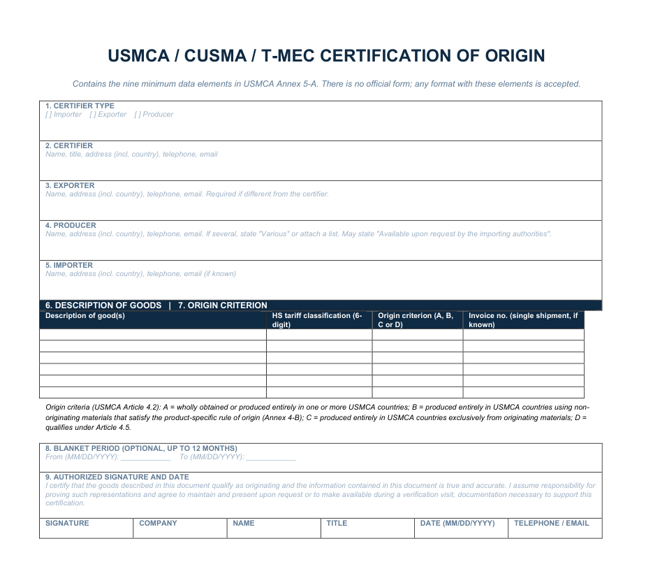 Free USMCA Certificate of Origin Template