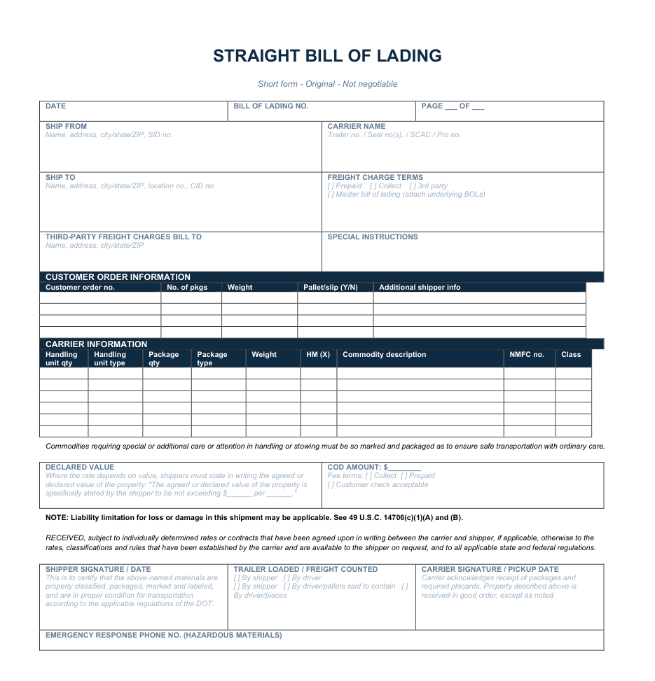 Straight bill of lading template — free download