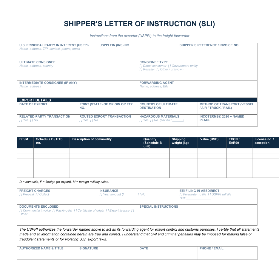 Shipper's Letter of Instruction Template (Free Download)