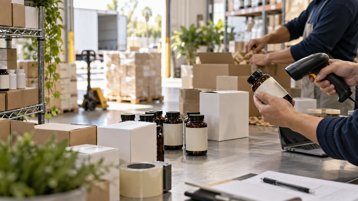 A representative California fulfillment operation preparing anonymous health-and-wellness products for shipment.