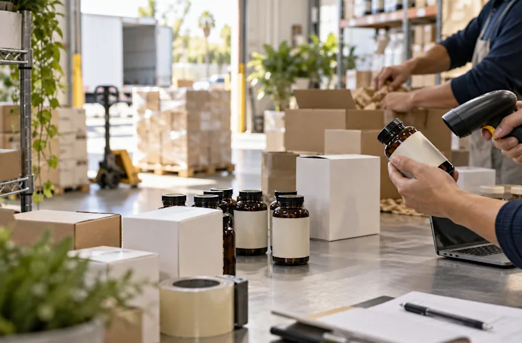 A representative California fulfillment operation preparing anonymous health-and-wellness products for shipment.