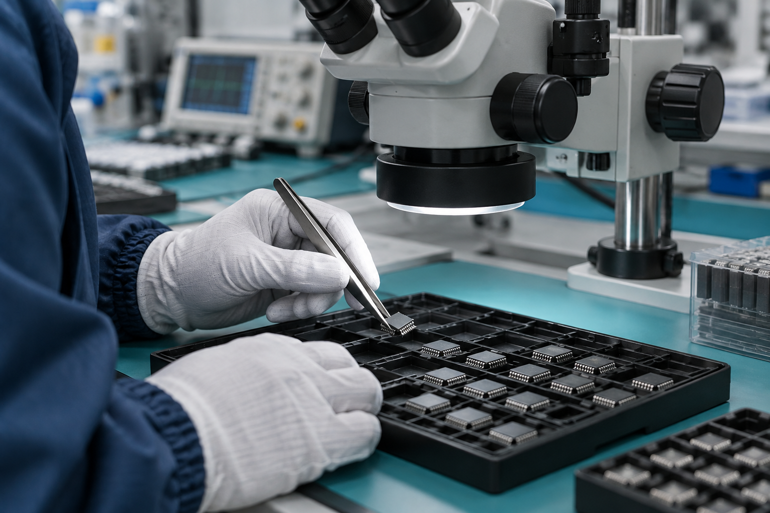 AI-generated representative scene of electronic components being inspected. Does not depict the customer, its staff or premises.