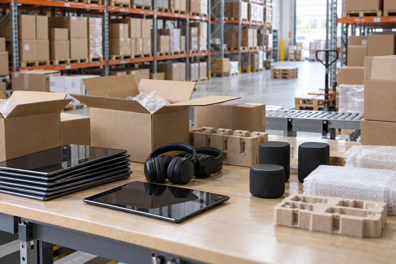 Illustrative AI-generated image of unbranded tablets, headphones and speakers being prepared for shipment in a warehouse; not the customer’s premises.