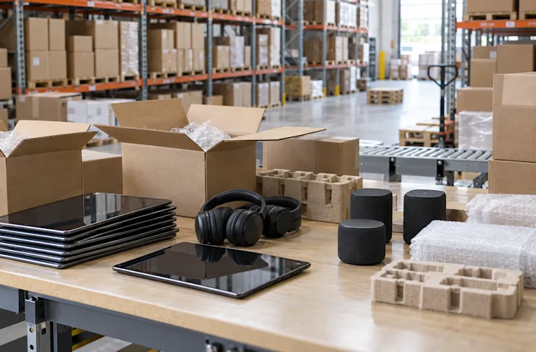 Illustrative AI-generated image of unbranded tablets, headphones and speakers being prepared for shipment in a warehouse; not the customer’s premises.