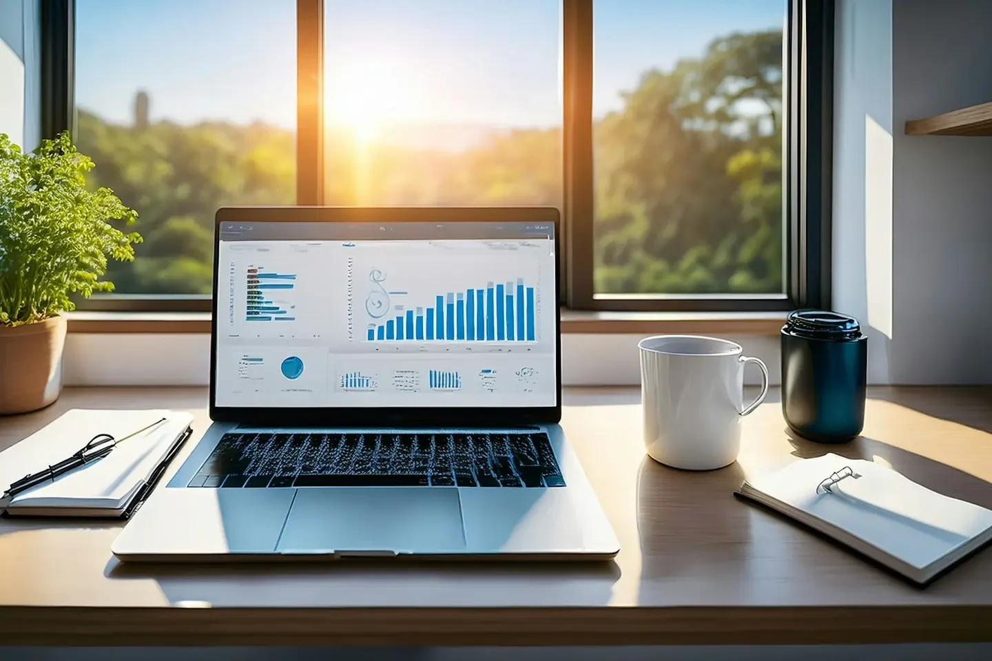 Laptop with charts on a desk by a sunny window