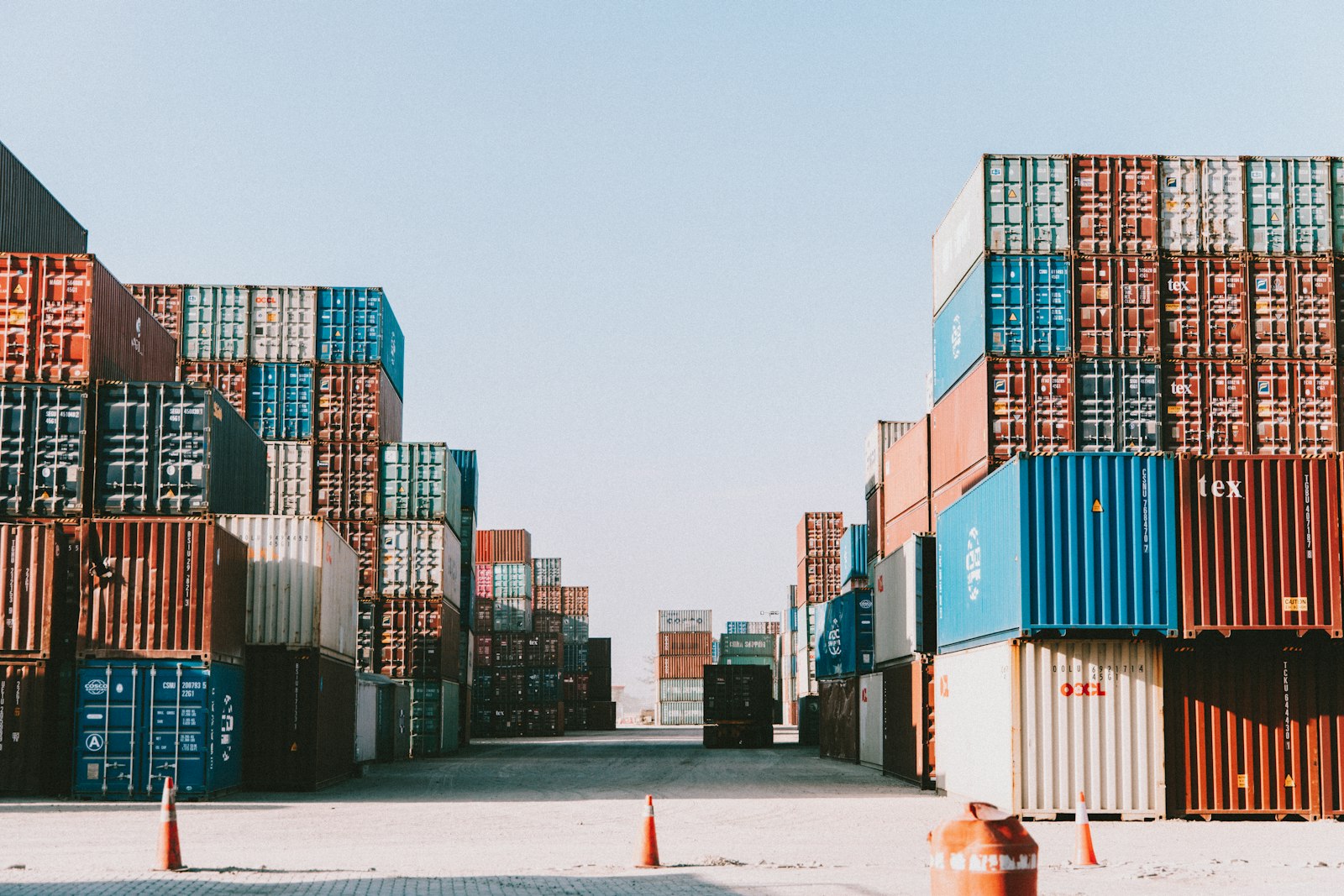 Stacked shipping containers in a container yard