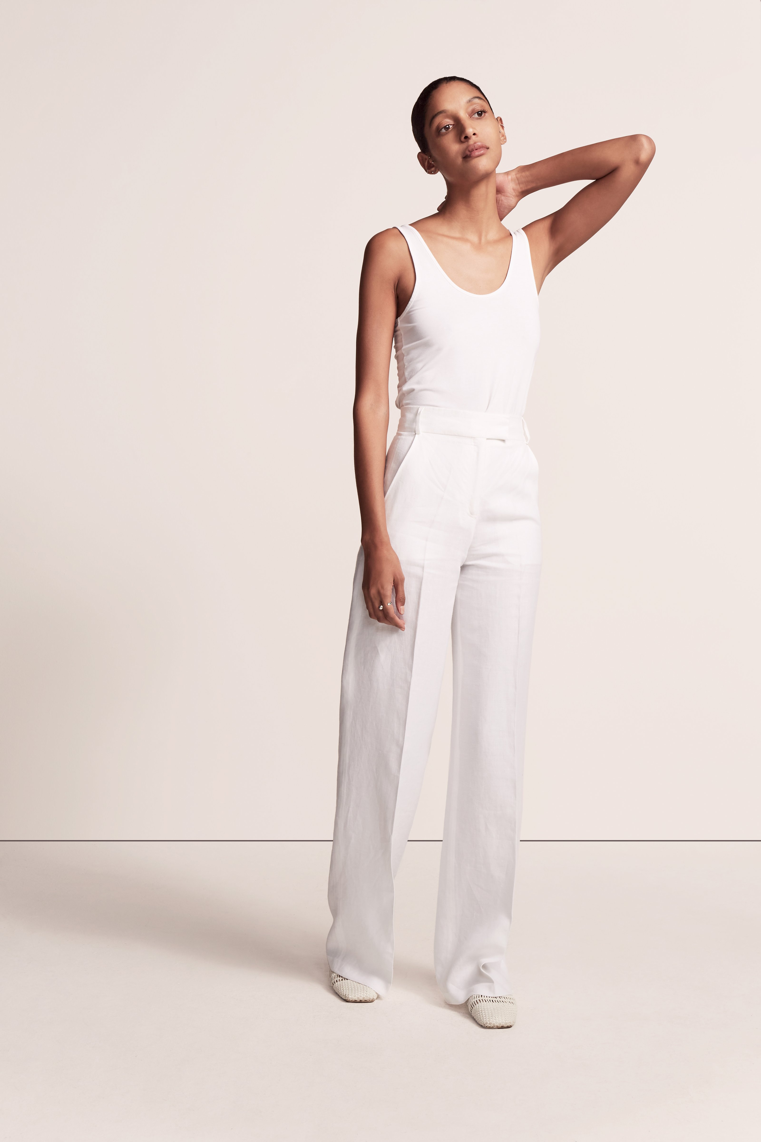 Summer White Button Fly Wide Leg Twill Trousers
