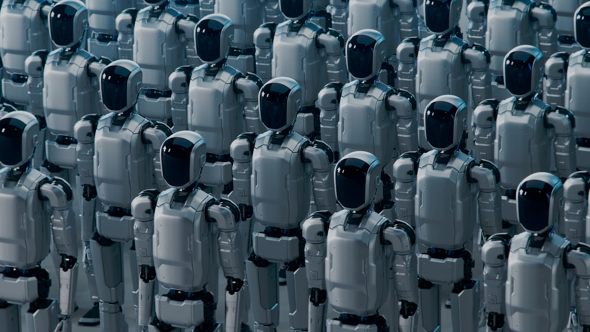 View of Rows of Industrial Humanoid Robots with Glass Visors