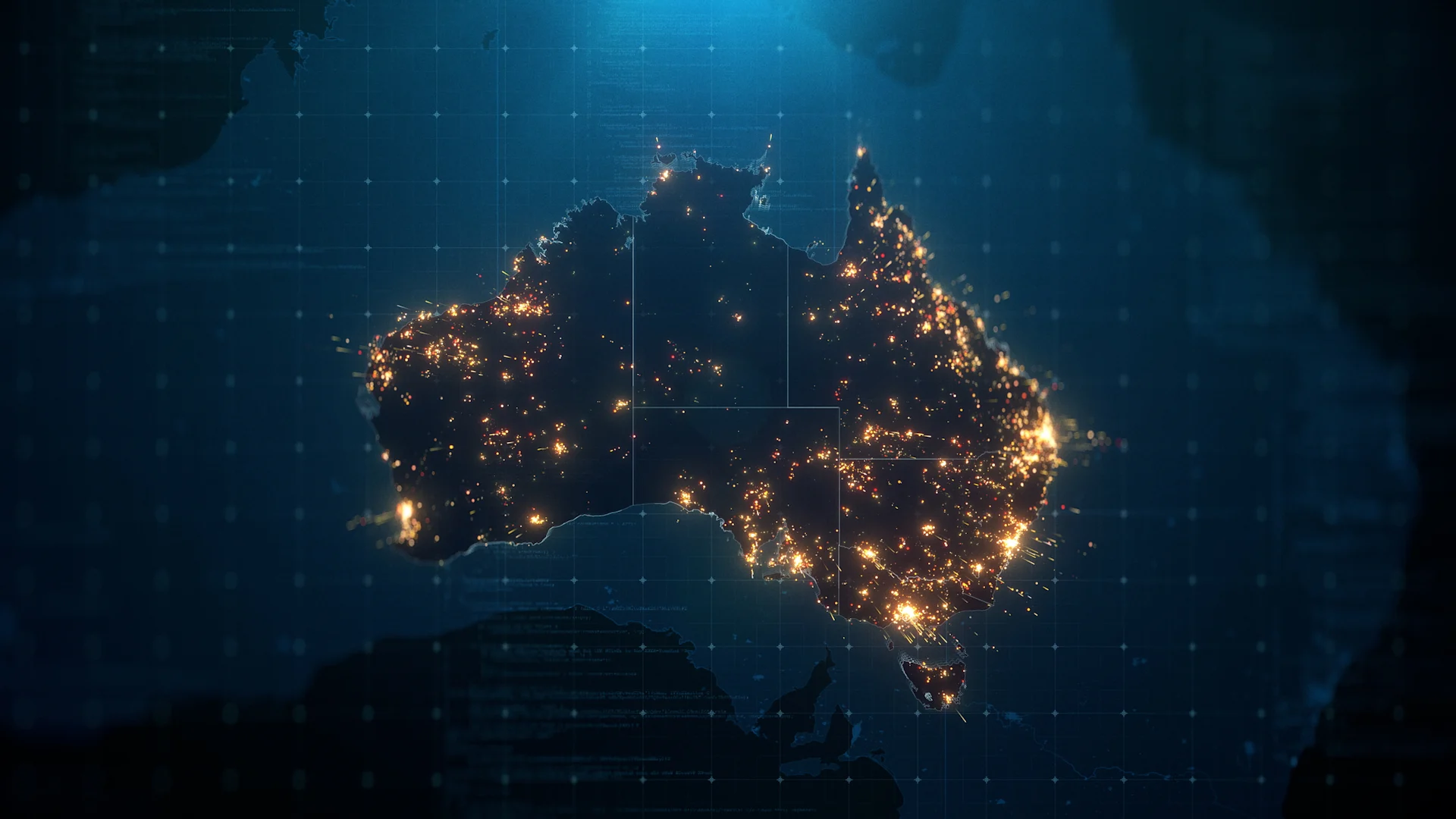 A glowing map of Australia featuring digital data points and light effects, illustrating geographic information.