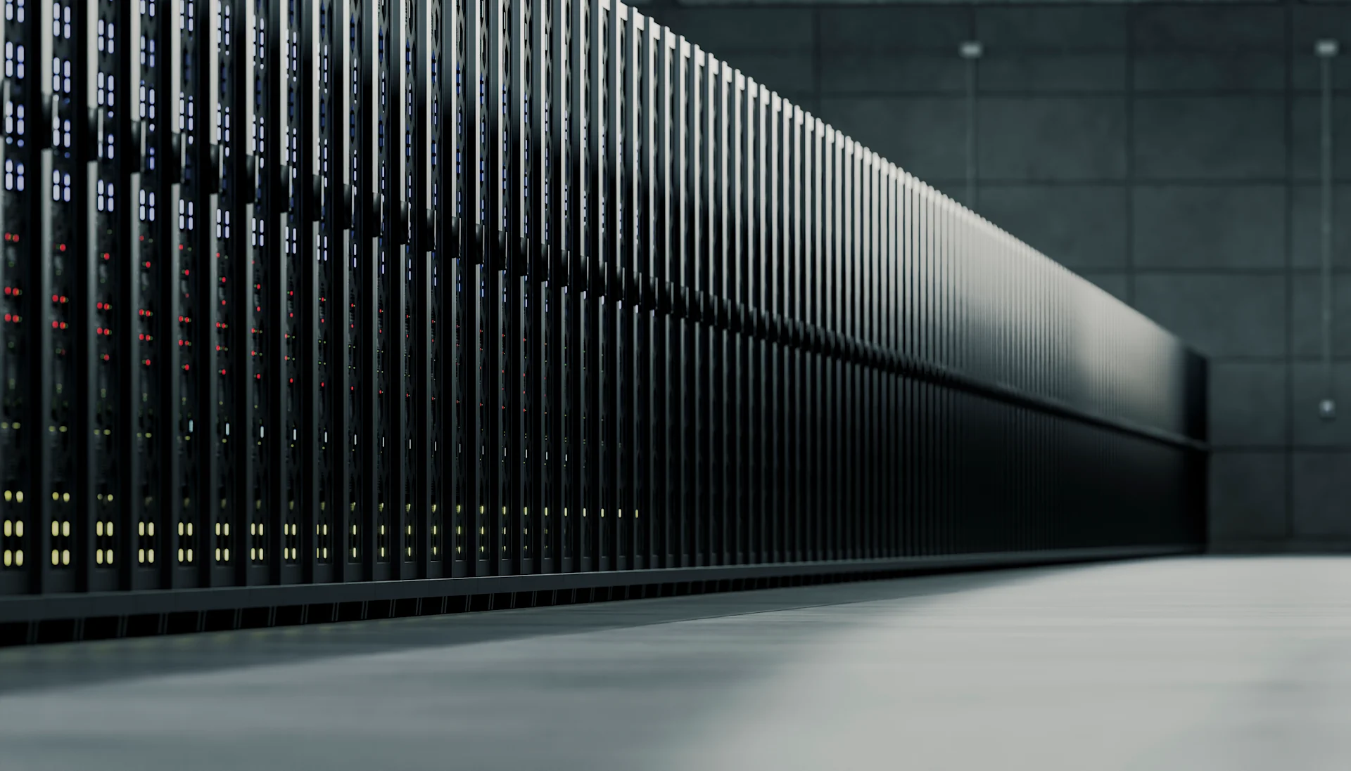Server racks with blinking lights in a modern data center room.