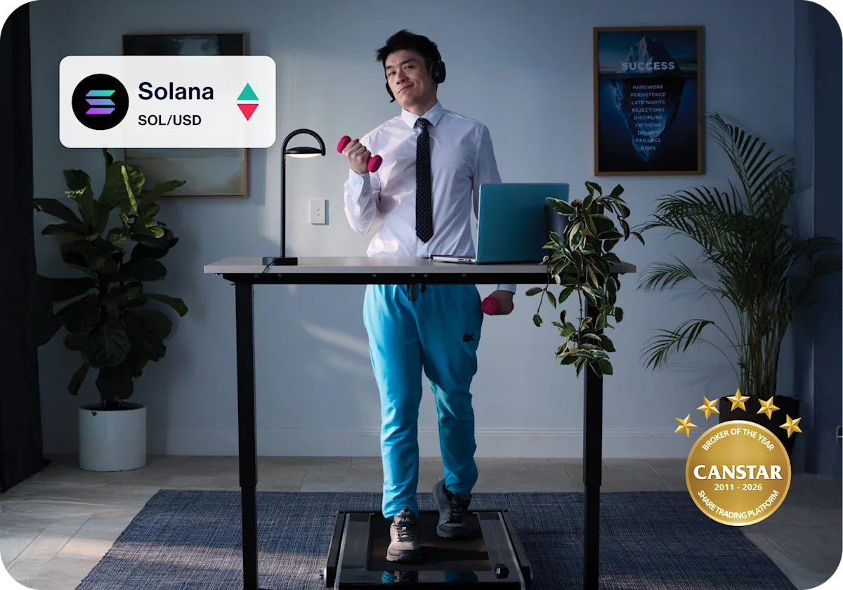 A man stands on a treadmill, using his laptop placed on a nearby surface to invest in shares. An illustration is overlaid displaying Canstar Broker of the Year (2011-2026)