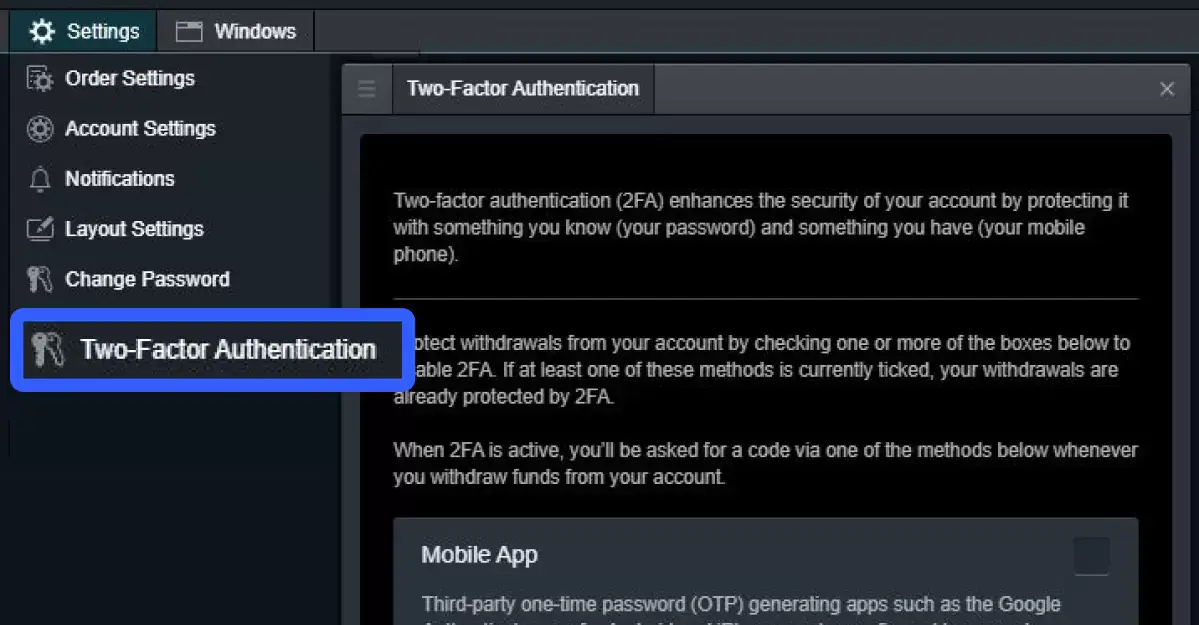 Identifying the 2FA option in the CMC Markets settings menu