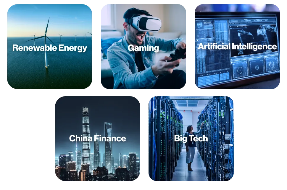 Five images showing thematic photos with the titles renewable energy, gaming, artificial intelligence, China finance and Big tech