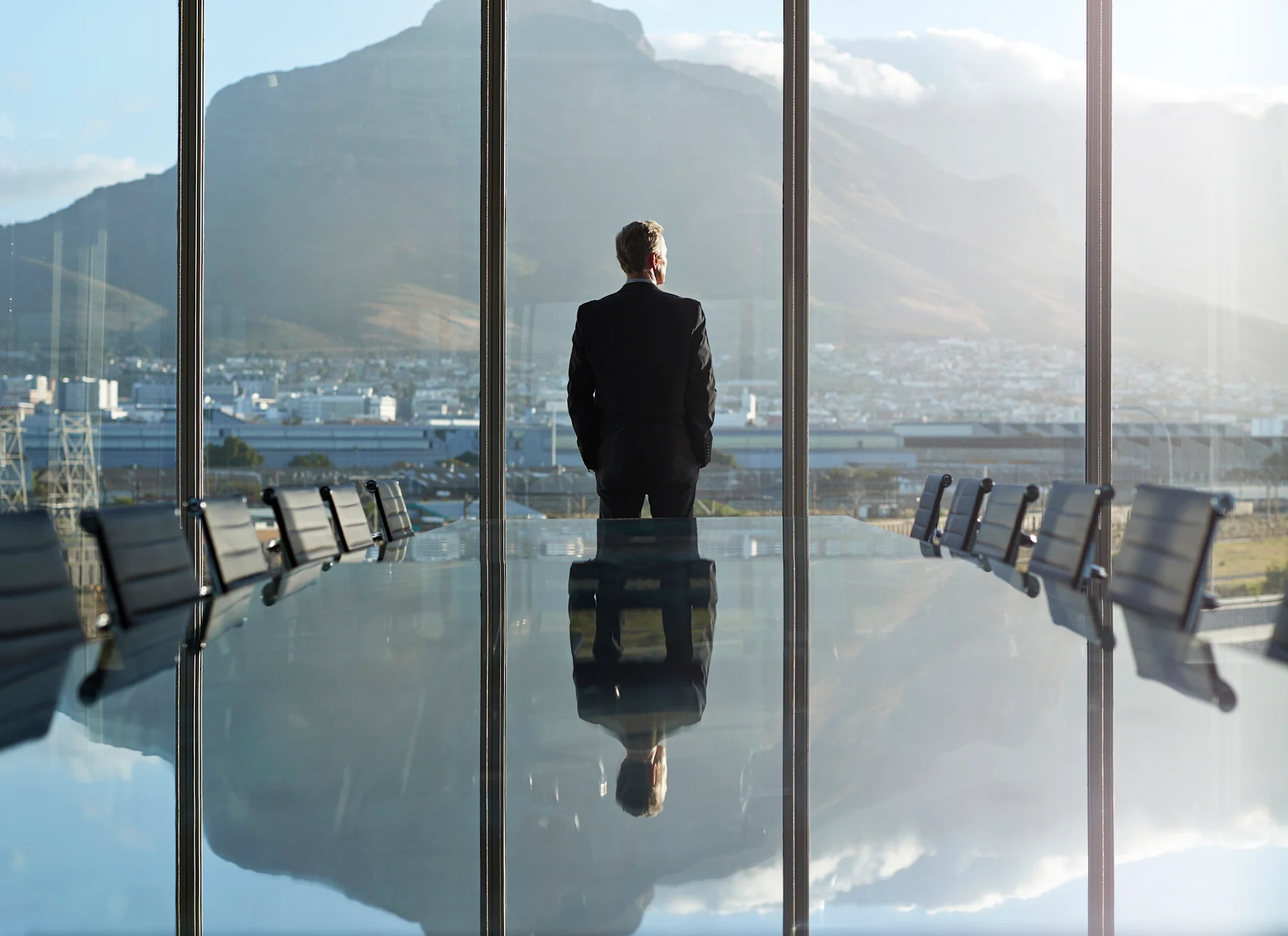 Trader at window, man looking out window