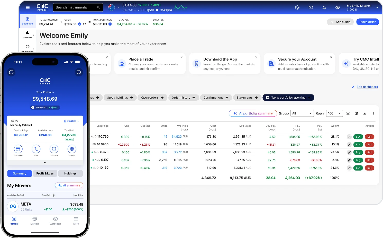 The CMC Invest app shown on a mobile phone and desktop computer