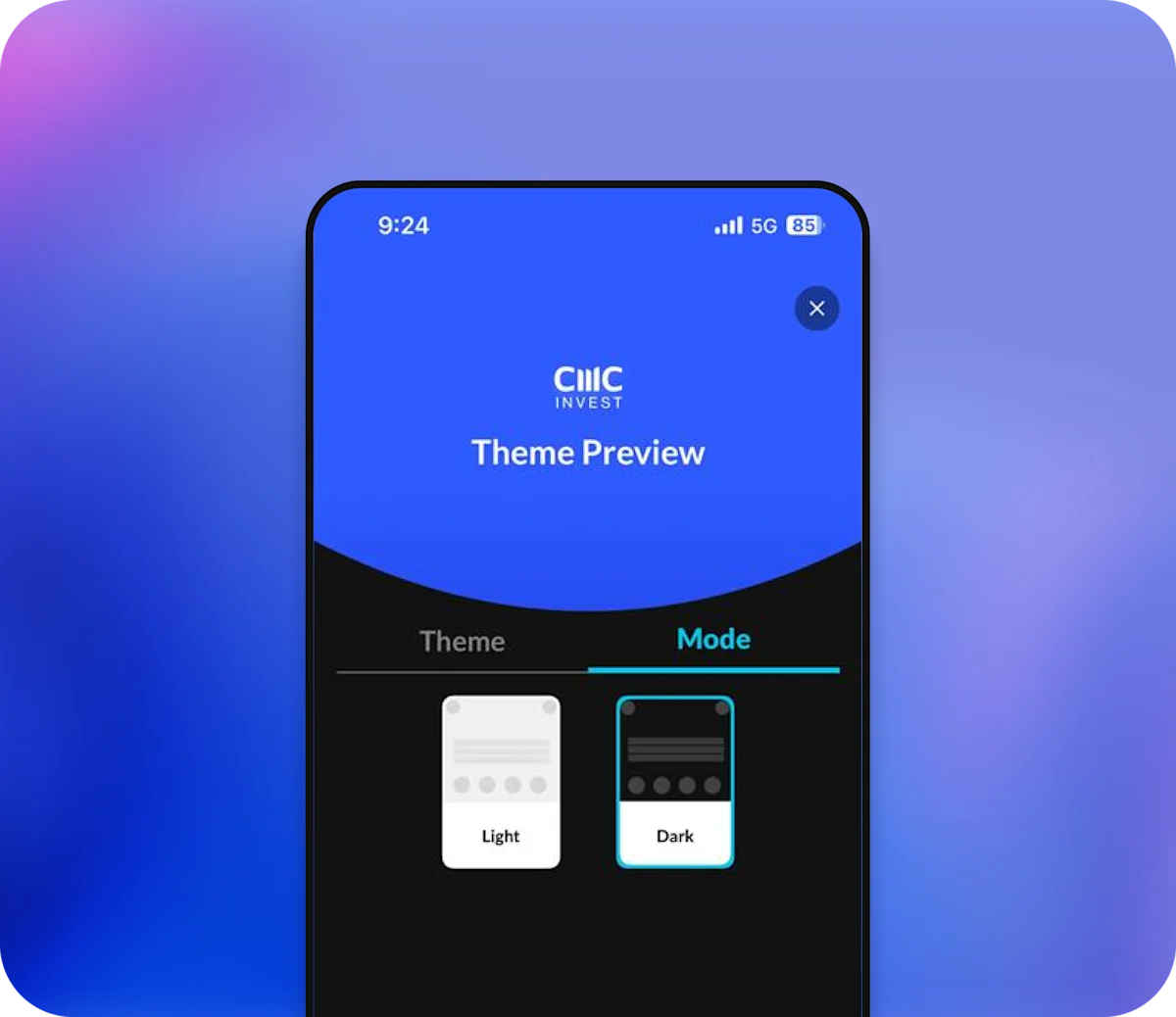 Dark mode on the CMC Invest App