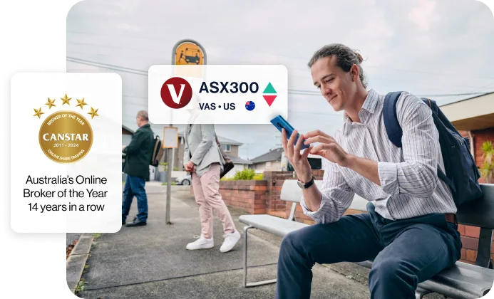 A young man waiting at a bus stop and using an app on his mobile phone. A caption shows he's looking at ASX300 shares